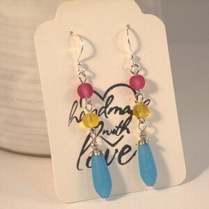Handmade Colorful Sea Glass Beaded Dangle Pierced or Clip-on Earrings